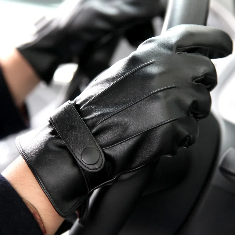 Black PU Leather Gloves Male Autumn Winter Plush Lined Anti-Wind Driving Men Gloves Five Fingers Full Palm Touchscreen PM002PC