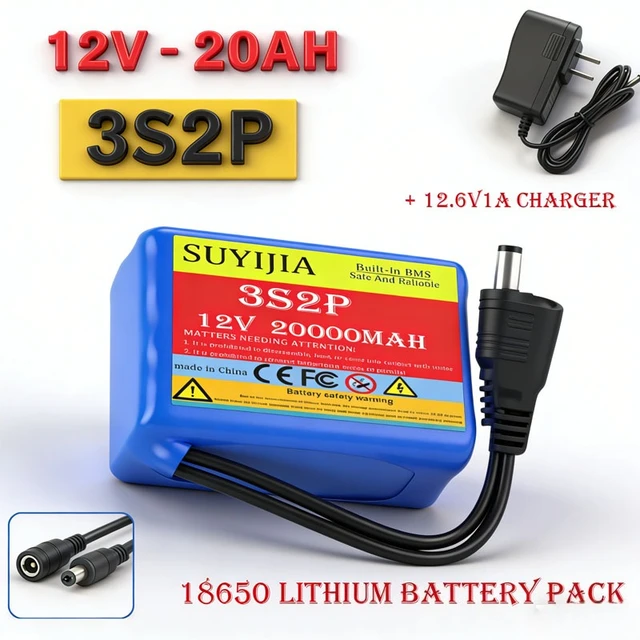 Batterie lithium-ion 12V 20Ah-50Ah 3S5P 18650 avec BMS + chargeur, grande capacité, rechargeable, DC12.6V 1