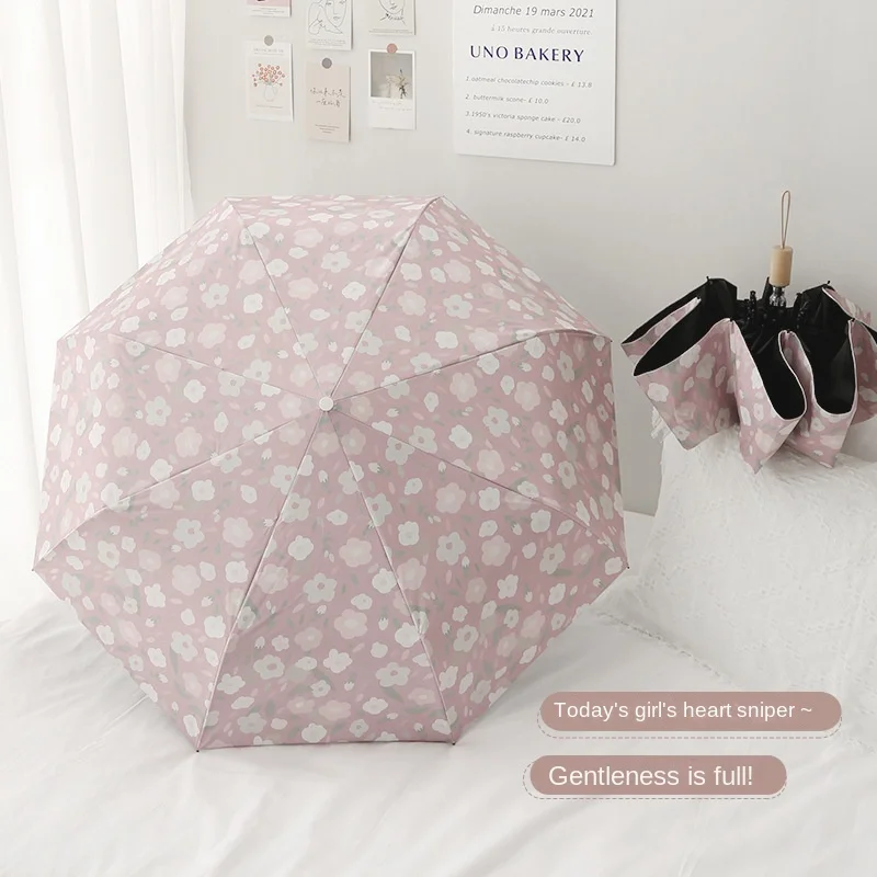 Small Floral Umbrella Fully Automatic Vinyl Sun Umbrella Sun Protection and UV Protection Folding Fair and Rain