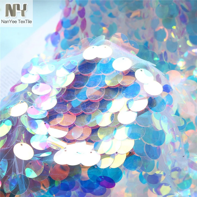 Sequin Fabrics 18mm High Density Big Round Iridescent Multi Colors Large Dot Embrpidery Paillette Tulle For Stage Costume