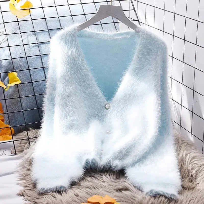 

New Fashion Imitation Mink Velvet V-Neck Short Sweater Women Spring Autumn Long Sleeve Knitted Cardigan Female Outerwear G2986