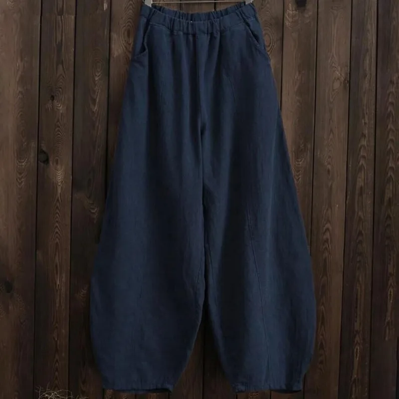 Spring Summer Cotton Linen Style Bloomers Wide Leg Pants Women Vintage Full Length Elegent Pants Solid Waist