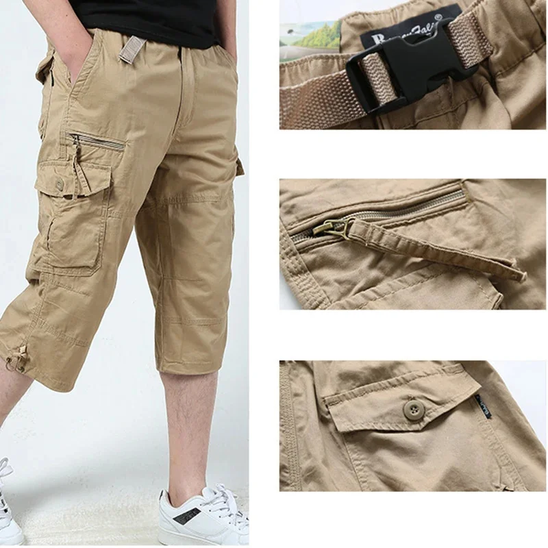 Sport shorts Summer Multi Pockets Hiking Cropped Trousers Men Camouflage Military Tactical Shorts Long Length Casual Cotton Cargo 5XL