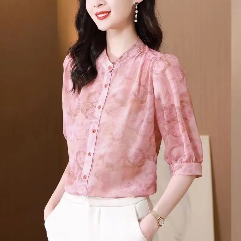 Elegant Fragmented Chiffon Single-breasted Shirt Women's 3/4 Sleeve Summer New Loose and Slim Shirt Covering Top Small Shirt