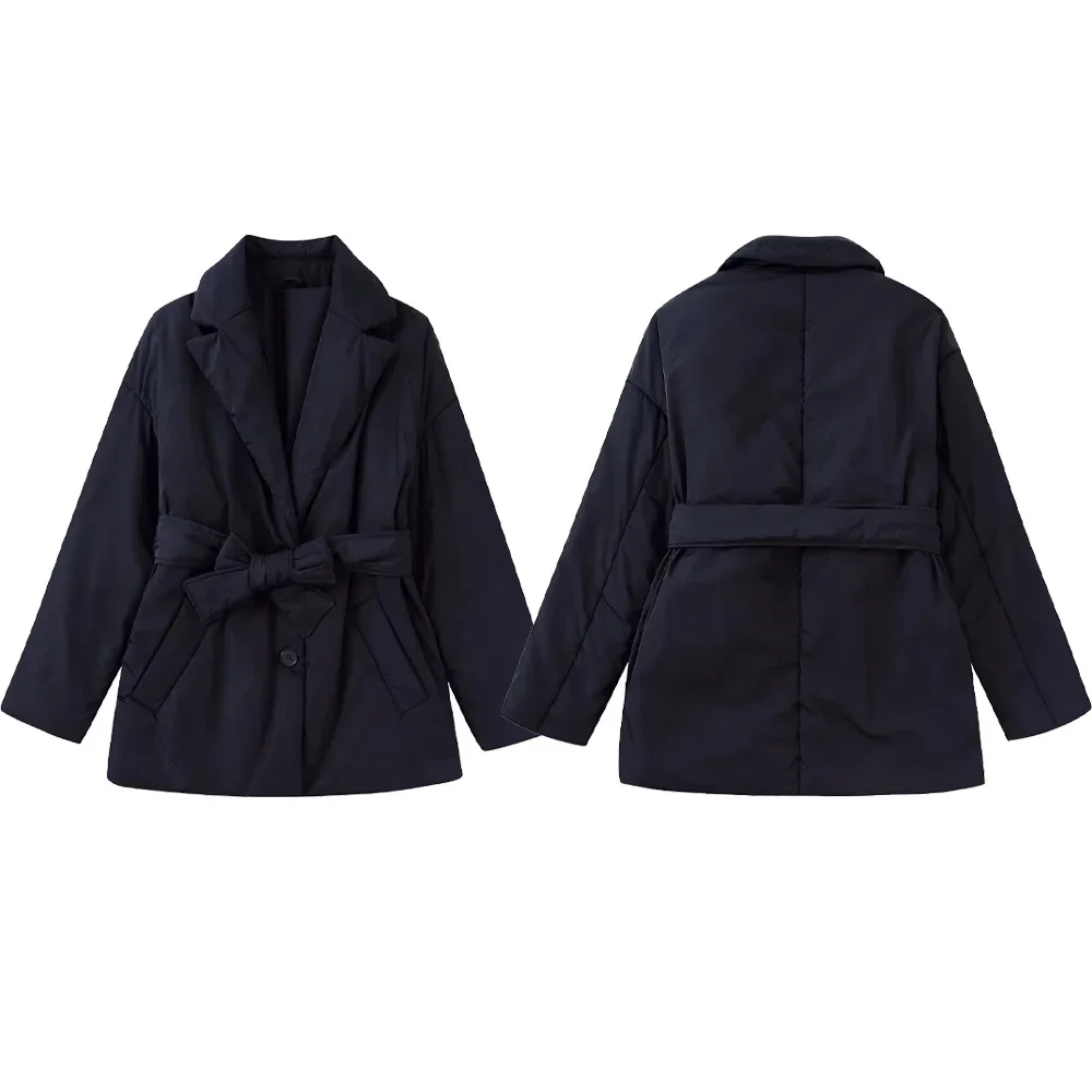 

2023 Autumn Winter New Cotton Jacket Lapel Long Sleeve Loose Black Belt Decorated Female Cotton Coat