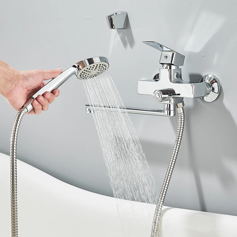 Chrome Long Spout Bathtub Shower Faucet Wall Mounted Hot Cold Mixer Swivel Tub Spout Bath Tap 2-ways Water Outlet Crane 30cm 2