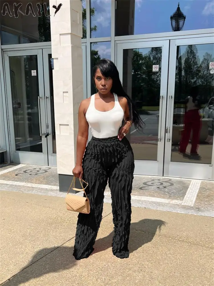 

Akaily Summer Black Mesh Wavy Grain Loose High Waist Pants Vacation For Women 2023 Y2k Streetwear RoseRed Plus Size Long Pants