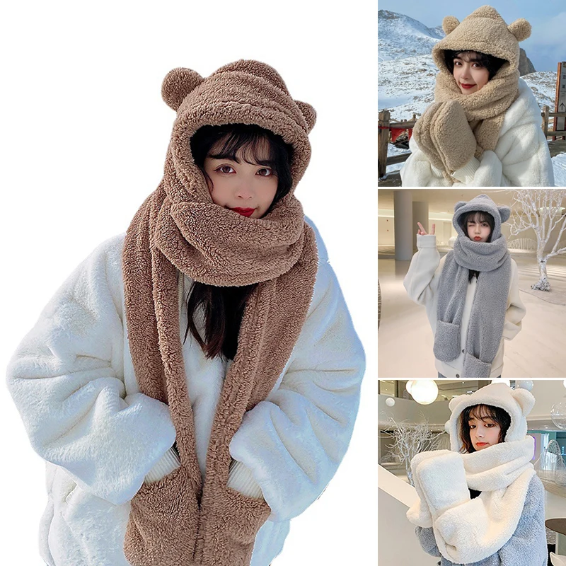 

3 In 1 Hat Scarf Gloves Set Winter Warm Cute Bear Ears Plush Hoodie Cap Casual Solid Thicken Cotton Wool Women Hat