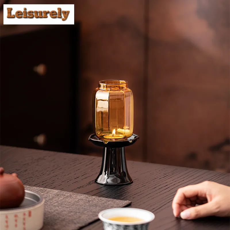 Amber Windproof Glass Candle Holder Vintage Scented Aromatic Candles Candle Lights Tea Services Wedding Decoration Ornaments