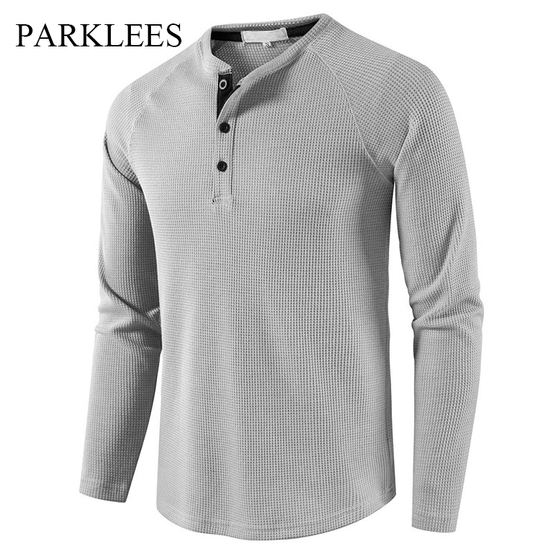 Parklees-Grey-Waffle-Mens-Henley-Shirt-Casual-Solid-Breathable-High ...