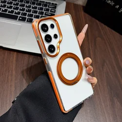 Magnetic 360 Rotating Transparent Shockproof Phone Case with Colorful Bumper Cover - Galaxy S23 Ultra (Orange)