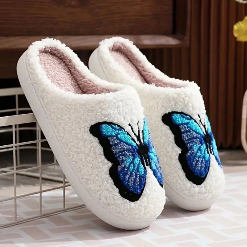 Lucyever Butterfly Embroidery Plush Woman Slippers Non Slip Soft Home Slides Shoes Women Winter Comfy Warm Cotton Shoes Female