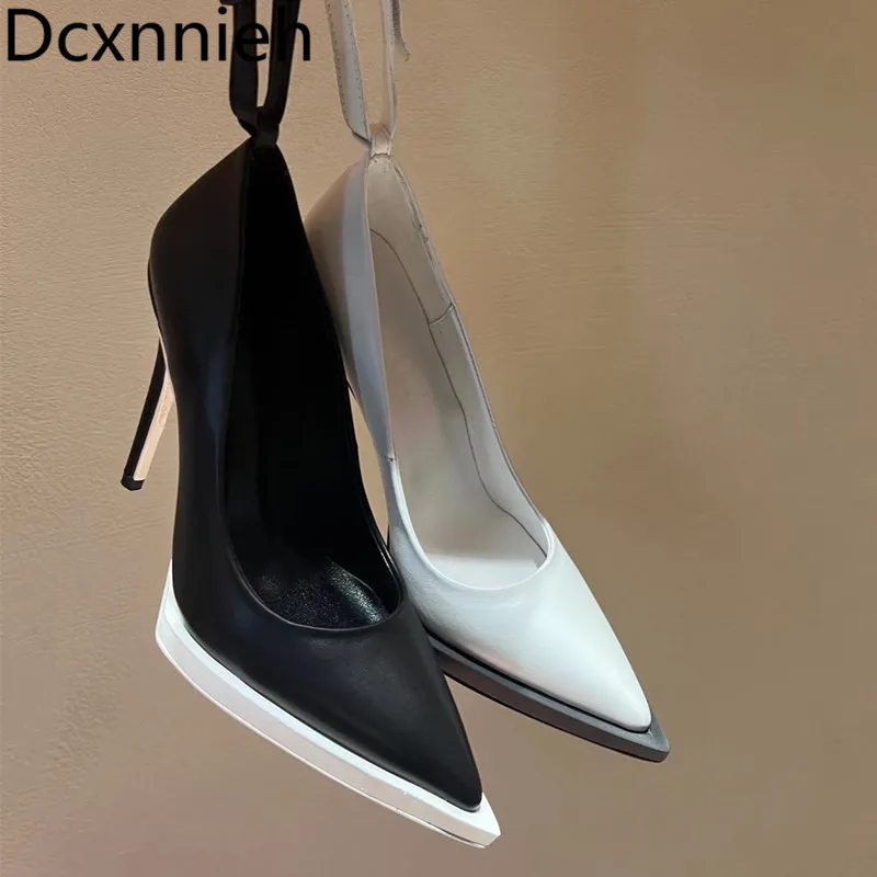 

Spring New Shallow Pointed Toe Super High Heels Shoes Women Real Leather Ankle Strap Thin Heel Fashion Women Sexy Party Shoes