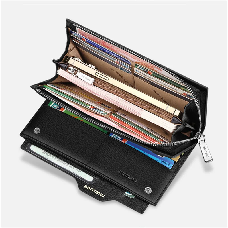 BanYaNu Genuine Leather Business Men Wallet Long Large-Capacity Clutch Bag ID Credit Card Holder Luxury Brand Wallets for Man