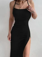 Sexy Black Long Bodycon Dress Women Summer Sleeveless Blackless Halter Neck Spaghetti Strap Dresses High Split Vestidos - Image 5