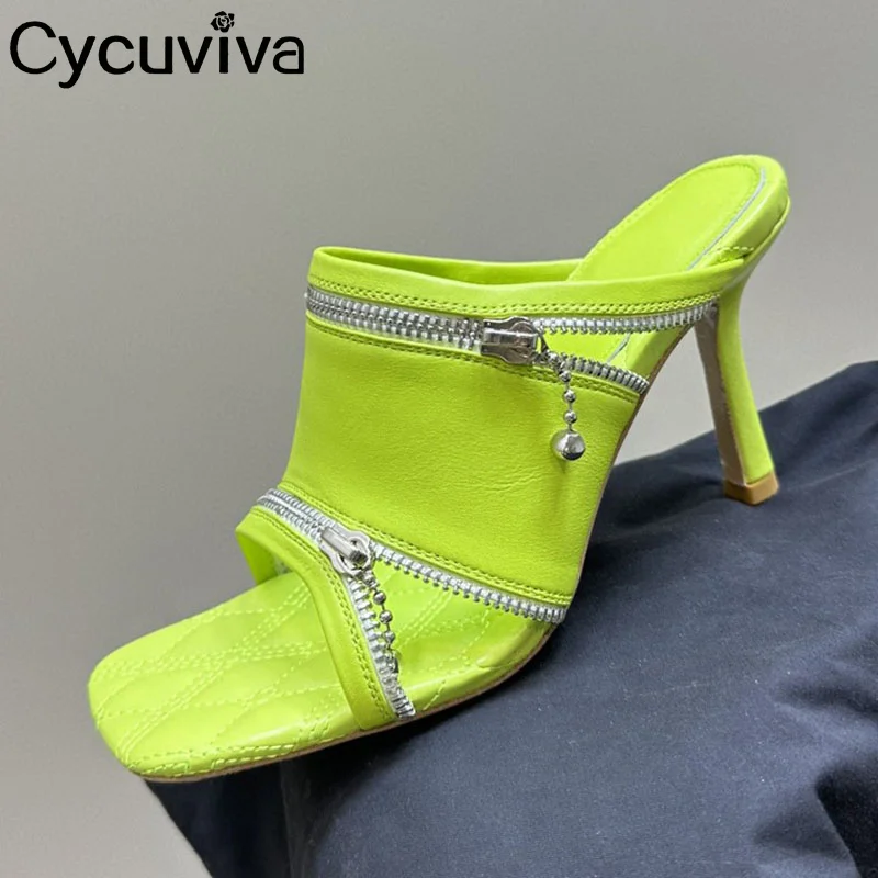 

Шлепанцы женские кожаные, квадратный носок, высокий каблук, дизайнерские брендовые сандалии-гладиаторы, летние Тапочки