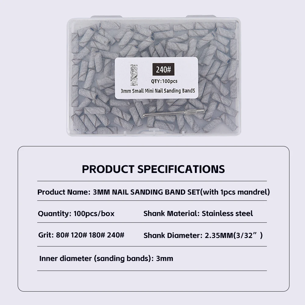 3mm Nail Sanding Bands-80/120/180/240 Grit Mini Nail Drill Bit Electric File Accessory Polishing Manicure Tool 50/100pcs