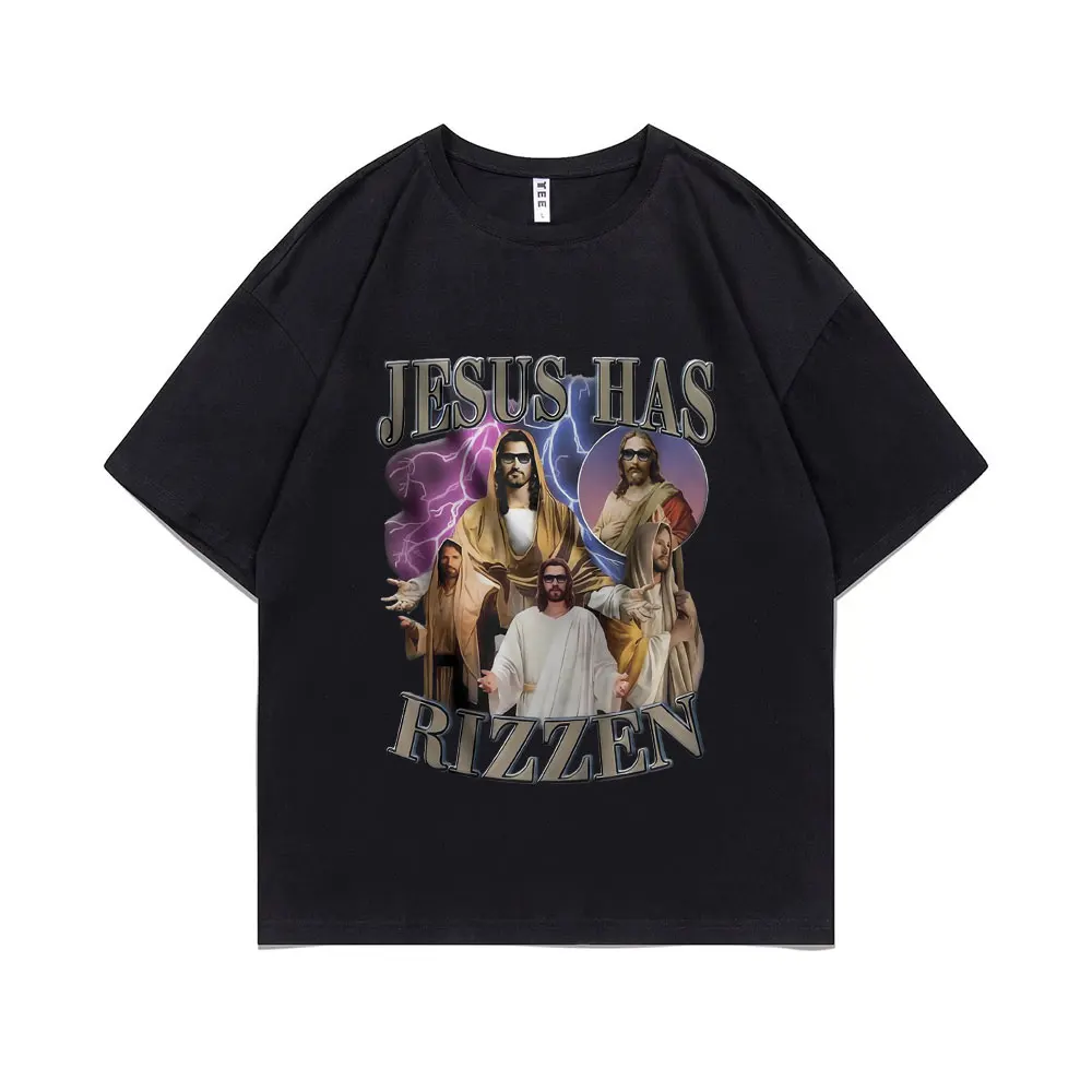 

Jesus Has Rizzen Graphic Print T-shirt Men's Fashion Gothic Short Sleeve Male Hip Hop Oversized Streetwear Unisex Cotton Tees