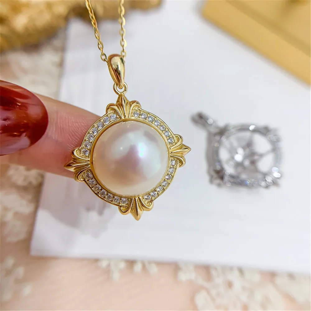 

DIY pearl accessories S925 sterling silver pendant empty support concealer jade necklace pendant with 12-14mm beads