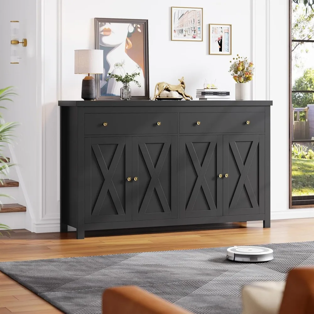 Sideboard Buffet Cabinet with Storage, Kitchen Storage Cabinet with 2 Drawers and 4 Doors, Wood Coffee Bar Cabinet, Sideboards 4