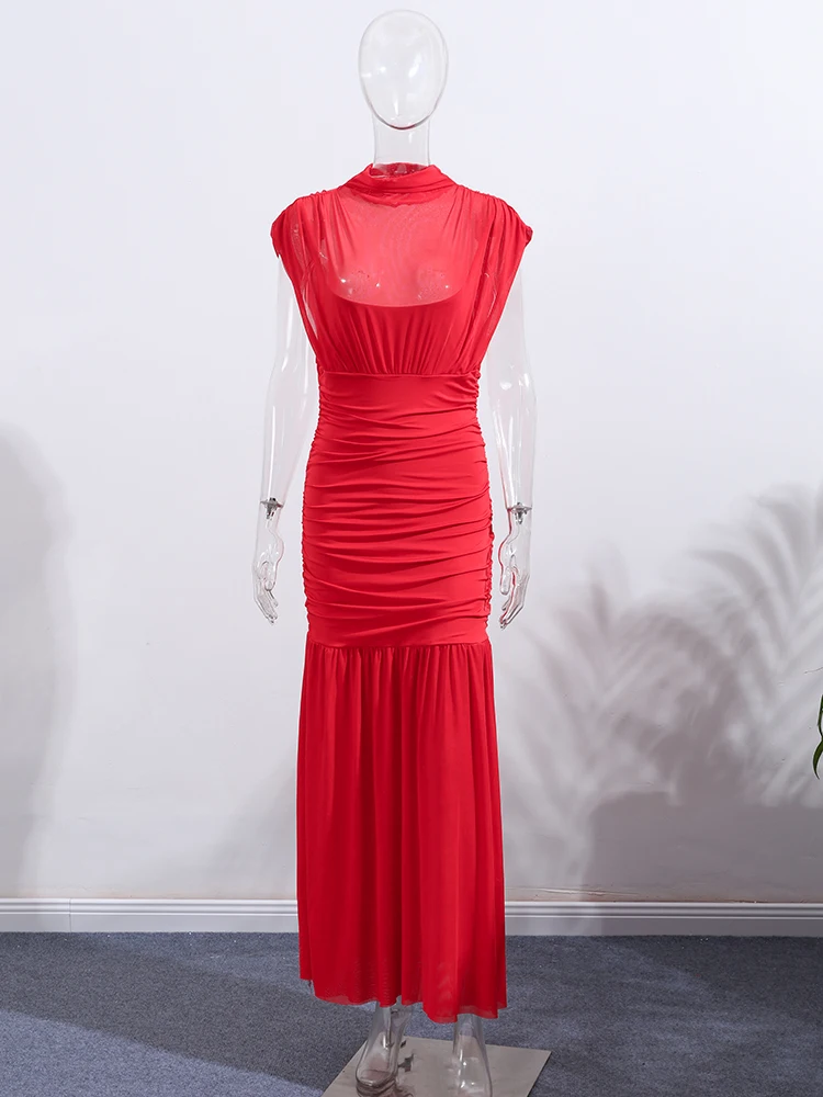 Mesh Patchwork Pleated Elegant Slim Long Dress Women