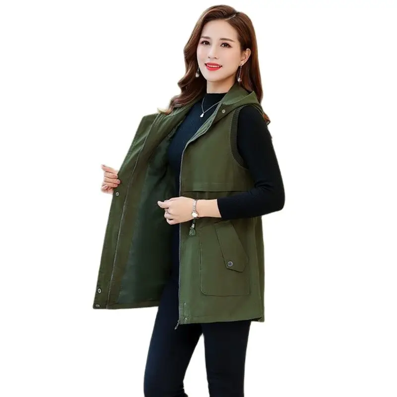 

2022New Spring Autumn Jacket Women Med Long Vest Coats Female Vests Waistcoat Outwear Middle aged Loose Hooded Casual Tops R1946