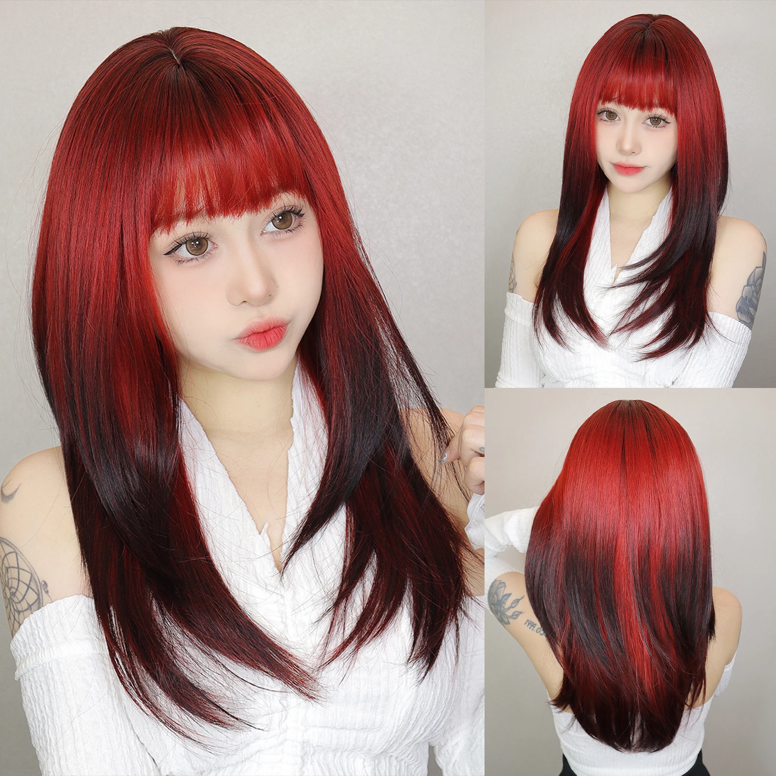 Черно-красный синтетический парик с эффектом омбре