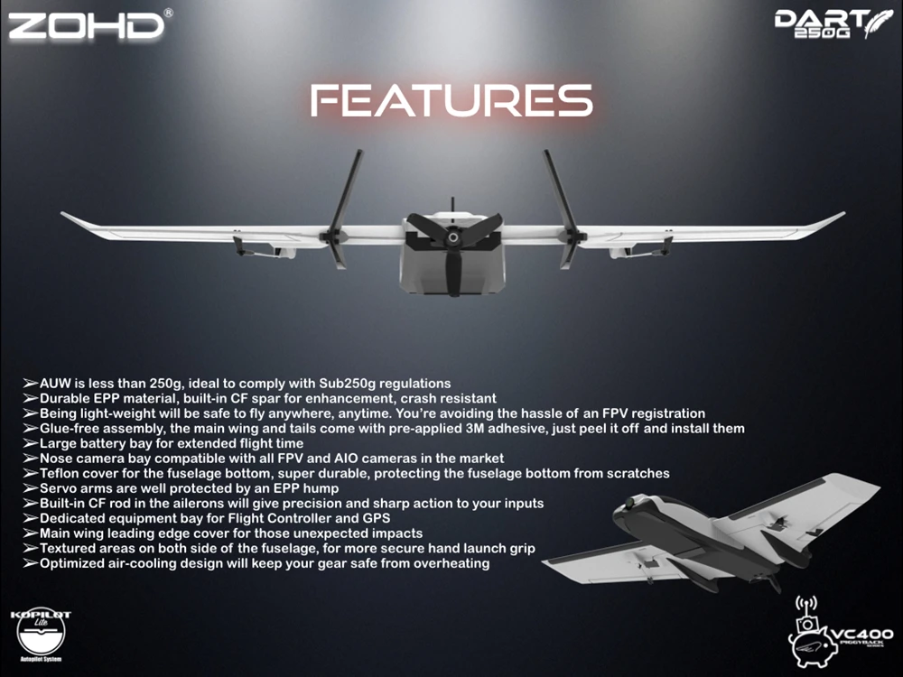ZOHD Dart250G 570 mm Spannweite Sub-250 Gramm Sweep Forward Wing AIO EPP FPV RC Flugzeug Drohne PNP/FPV Ready Version – Detail 9