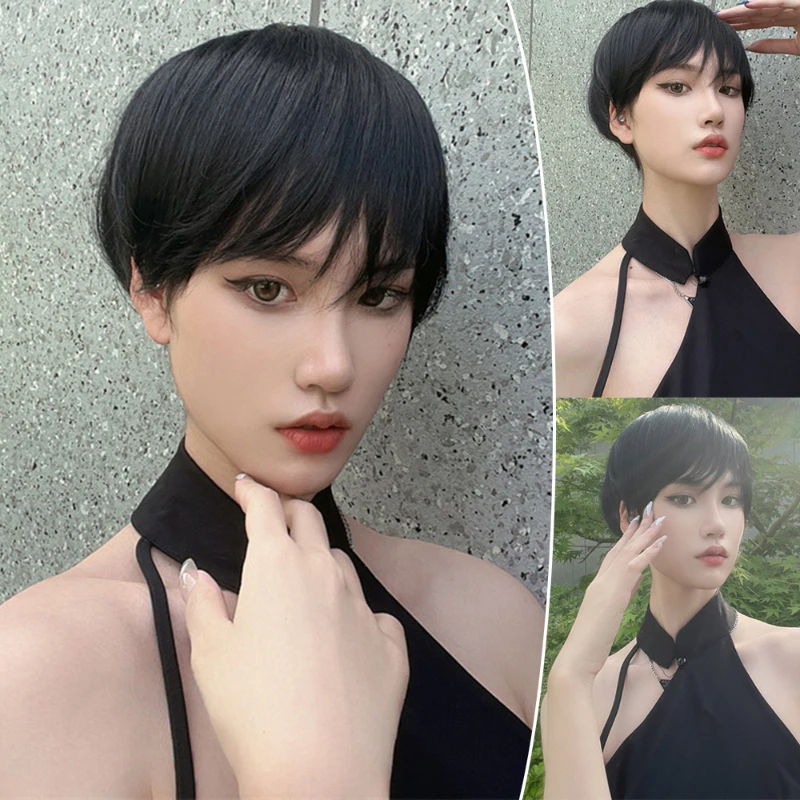 Fashion Short Straight with Bang Dark Brown Pixie Cut Wig for Women Hair Synthetic Heat Resistance Natural Looking for Daily Use