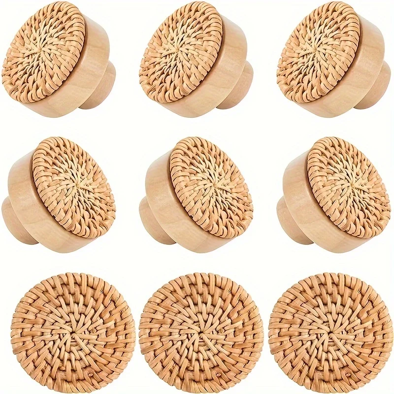 Boho Rattan Dresser Knobs Durable Beech Wood Drawer Knobs Handmade Wicker Woven Pulls with 6 Screws 6 Pack furniture knobs