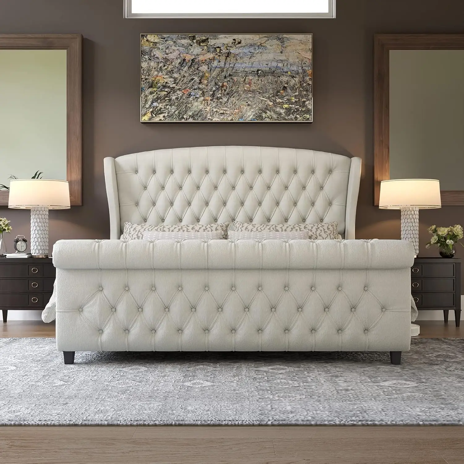 NEW King Size Platform Bed Frame, Chenille Upholstered Sleigh Bed with Scroll Wingback Headboard & Footboard/Button Tufted 3