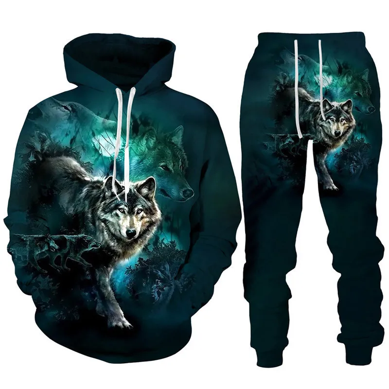 Retro Man Hoodies Sets Animal Wolf 3D Printed Men's Hoodies Pants Suit Harajuku Tracksuit Sportswear Cool 2 Piece Clothing Set 5
