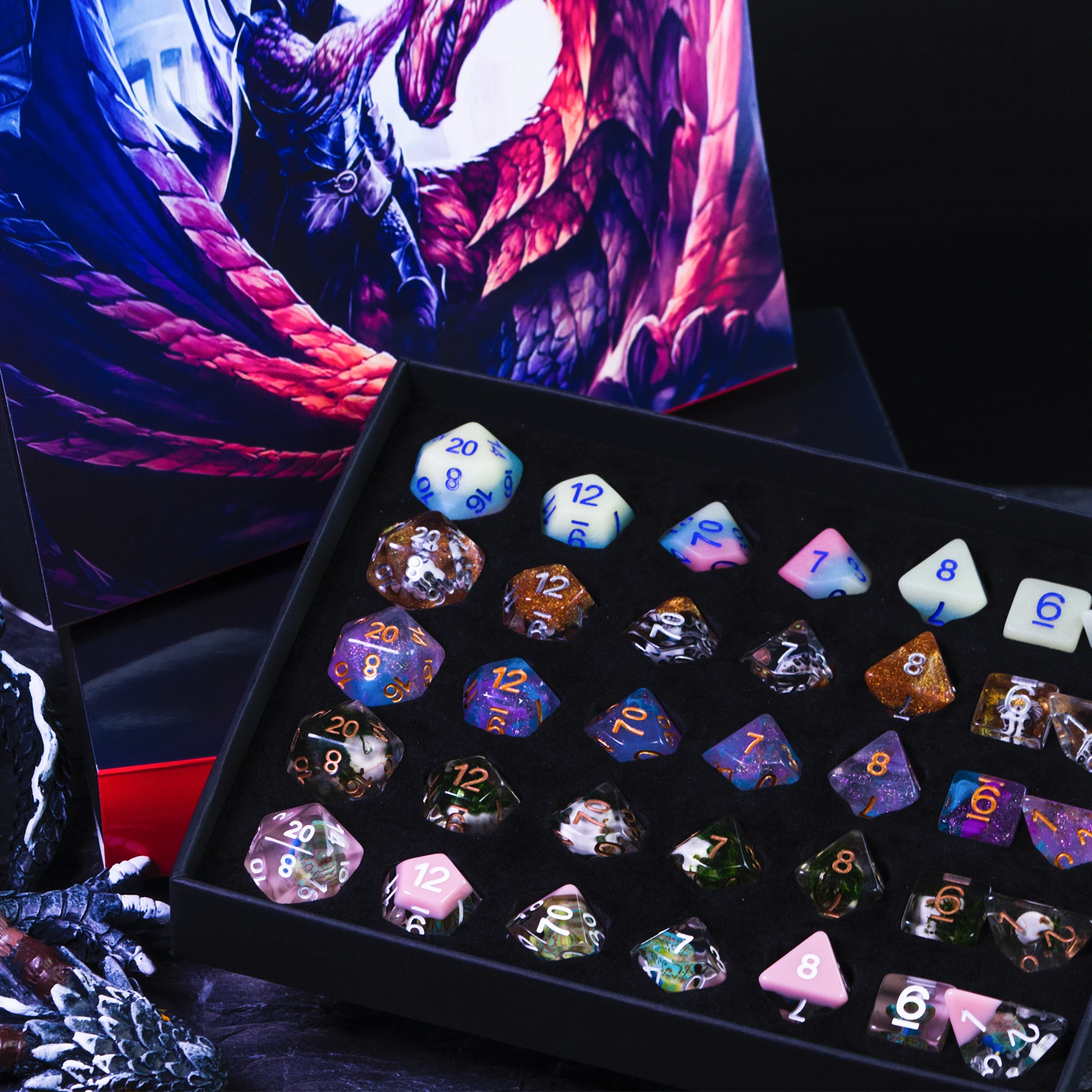 Cusdie D&D Dice Set with 2in1 Gift Box Dice Tray Random 5Sets/35Pcs Resin Polyhedral for Role Playing Board Game Gift Box