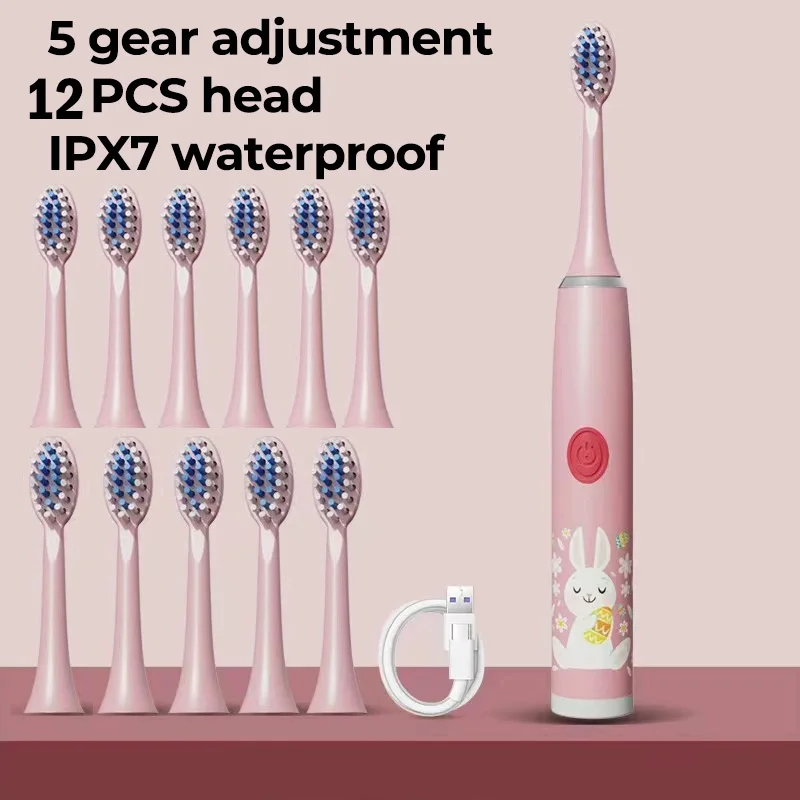 어린이를위한 소닉 전동 칫솔 12pcs 브러시 헤드 초음파 충전식 타이머 부드러운 머리 IPX7 방수 청소 브러시