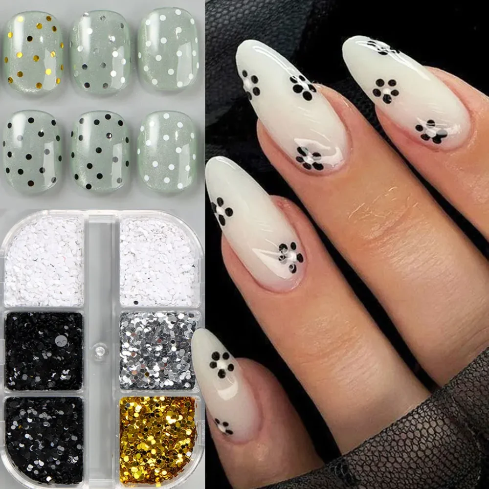 1 Box of 6 Grids 3D Mini Round Nail Sequin Kawaii Korean Black Dot Nail Art Flake Y2K Golden Silvery Shinny Charms Accessories