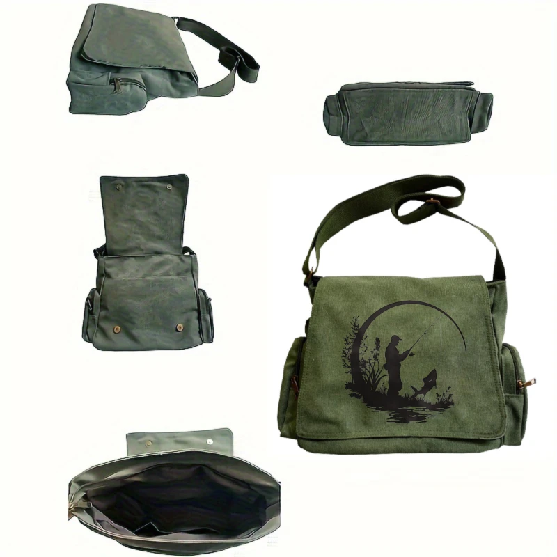 Vintage Men's Shoulder Bag Crossbody Bag Canvas Messenger Bag Fishing Print Large Capacity Travel Men's Bag