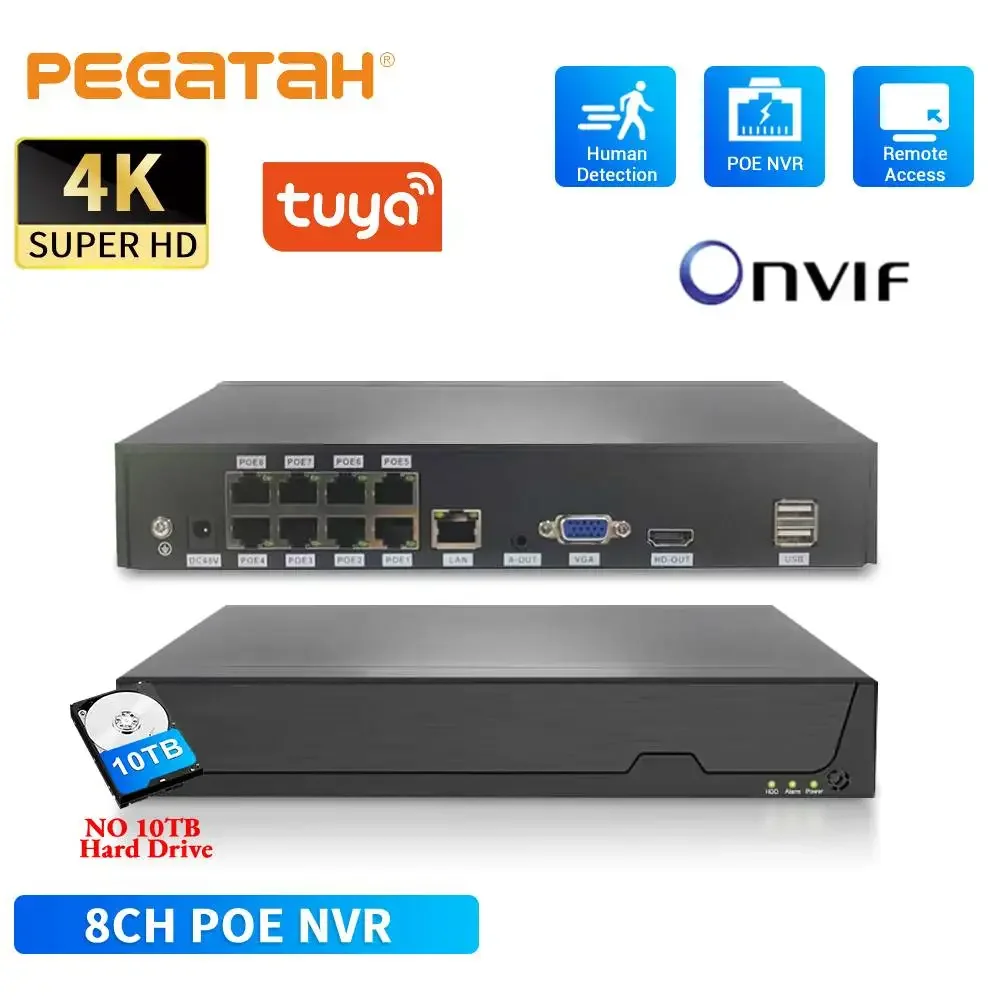 PEGATAH Tuya Onvif 8CH 8MP H.265 Video Surveillance POE NVR Recorder Motion Detect Recorder for IPC Camera CCTV System