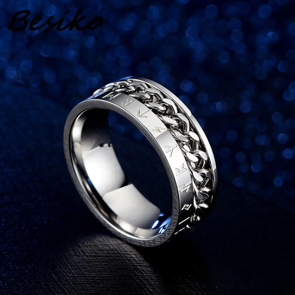 Besiko New Anti Stress Anxiety Ring Figet Spinner Stainless Steel Rings For Men Women Retro Norse Viking Runes Rotatable Ring 3