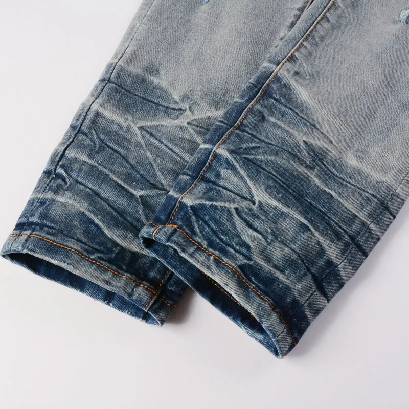 High Street Fashion Men Jeans Retro Blue Stretch Skinny Fit Hole Ripped Jeans Men Patched Designer Elastic Hip Hop Brand Pants