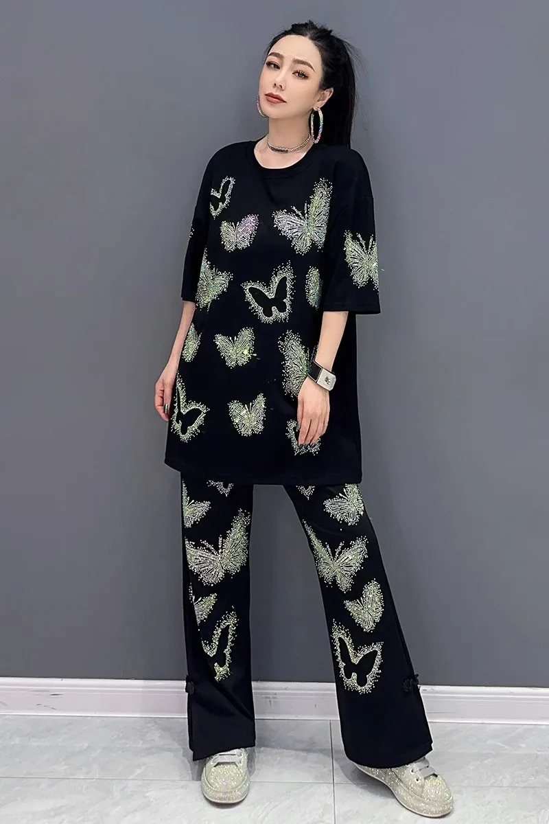 2024 Summer New Women's Fashion Heavy Embroidery Diamond Drills Butterfly Short-Sleeve Top Bootleg Pants Casual Suit 2 Piece Set