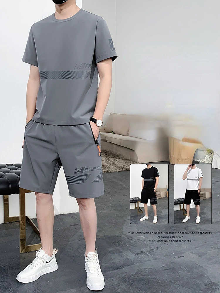 

Plus Size High Quality Drape Loose Casual Men's Sets Short Sleeve Ice Silky Summer Classic Style T Shirts + Shorts S117