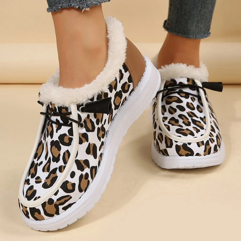 Leopard Print Cotton Shoes Women's Winter Flat Bottom Round Toe Snow Boots Lightweight Large Size Shoes Botas De Invierno Mujer