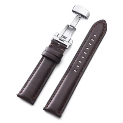 Luxurious Genuine Cowhide Leather Watch Band with Butterfly Buckle - Vintage Soft Strap - 22mm (Dark Brown)