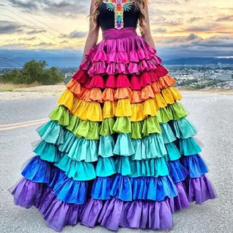 Gonna In Raso Arcobaleno Abbigliamento Donna Gonne Lunghe A Vita Alta Costumi Giorno Della Morte Gonne Lunghe Abbigliamento Donna Gonne In Raso Colora