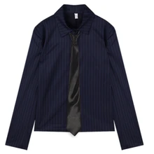  2023 Spring New Korean Polo Collar Striped Loose Casual Long-sleeved Shirt Women + Sexy Slim Shorts + Black Tie Three-piece Suit 