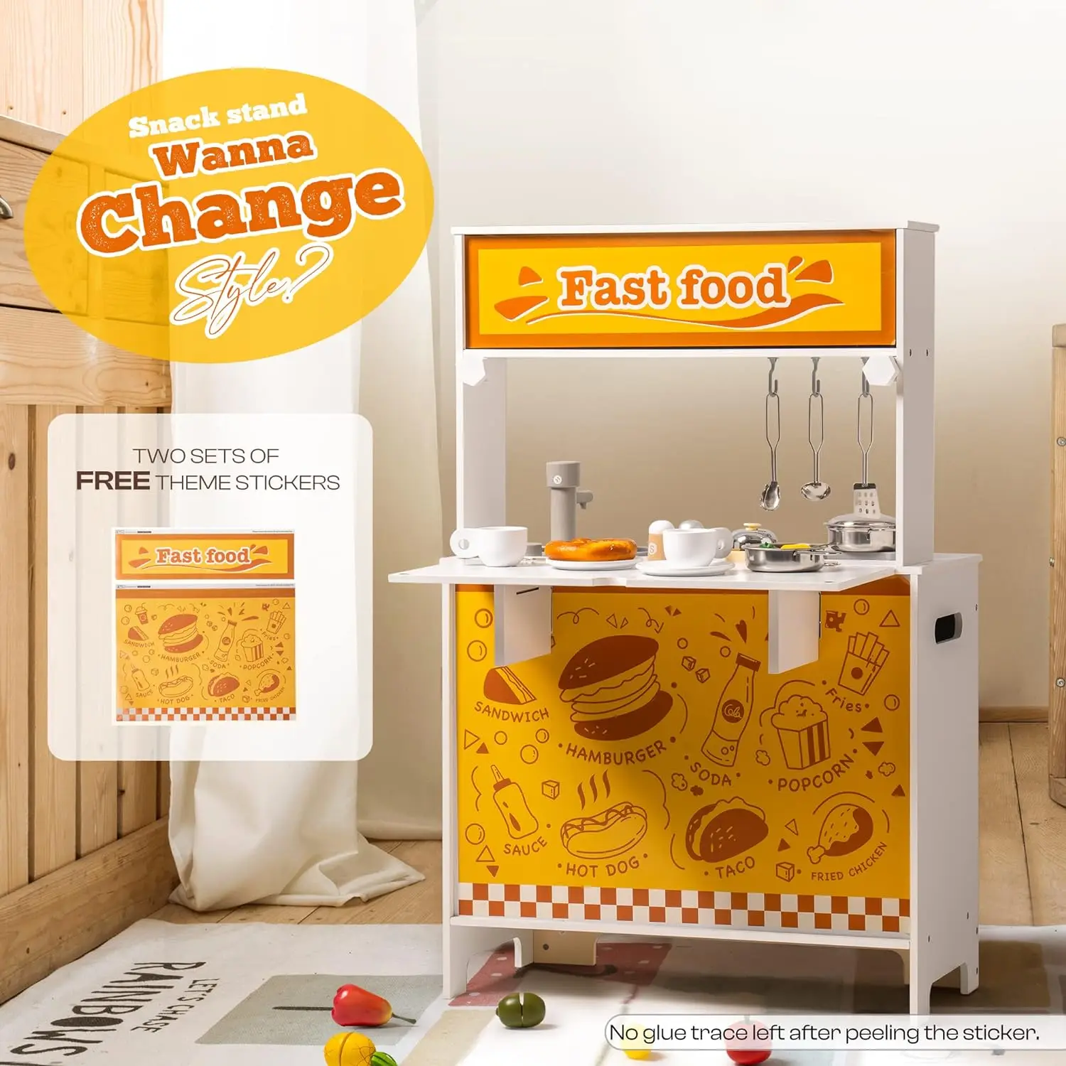 2 in 1 Play Kitchen for Kids Wooden Chef Pretend Play Kitchen Playset with Sounds Food Cookware Accessories Set for Boys Girl