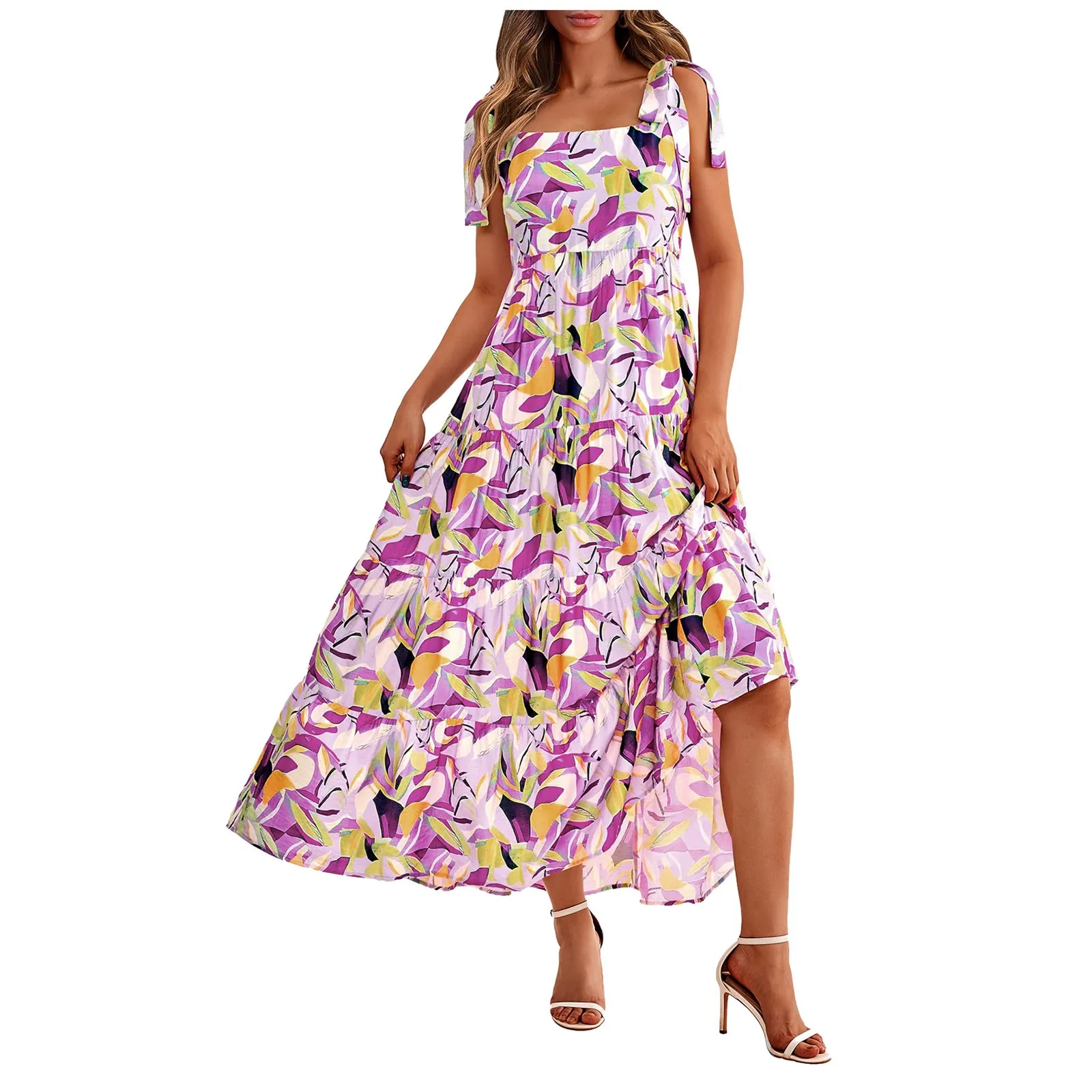 

Dress Casual Cute WomenSummer Floral Sleeveless Maxi Dress Casual Spaghetti Strap Tiered Flowy Beach Cotton Dresses for Women