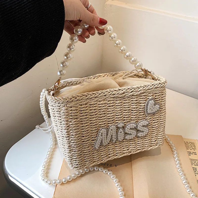 

Summer Straw Bag for Women Trend 2024 Beach Fashion Shoulder Bag Woman Pearl Chain Party Letter Cute Woven Female Tote bag