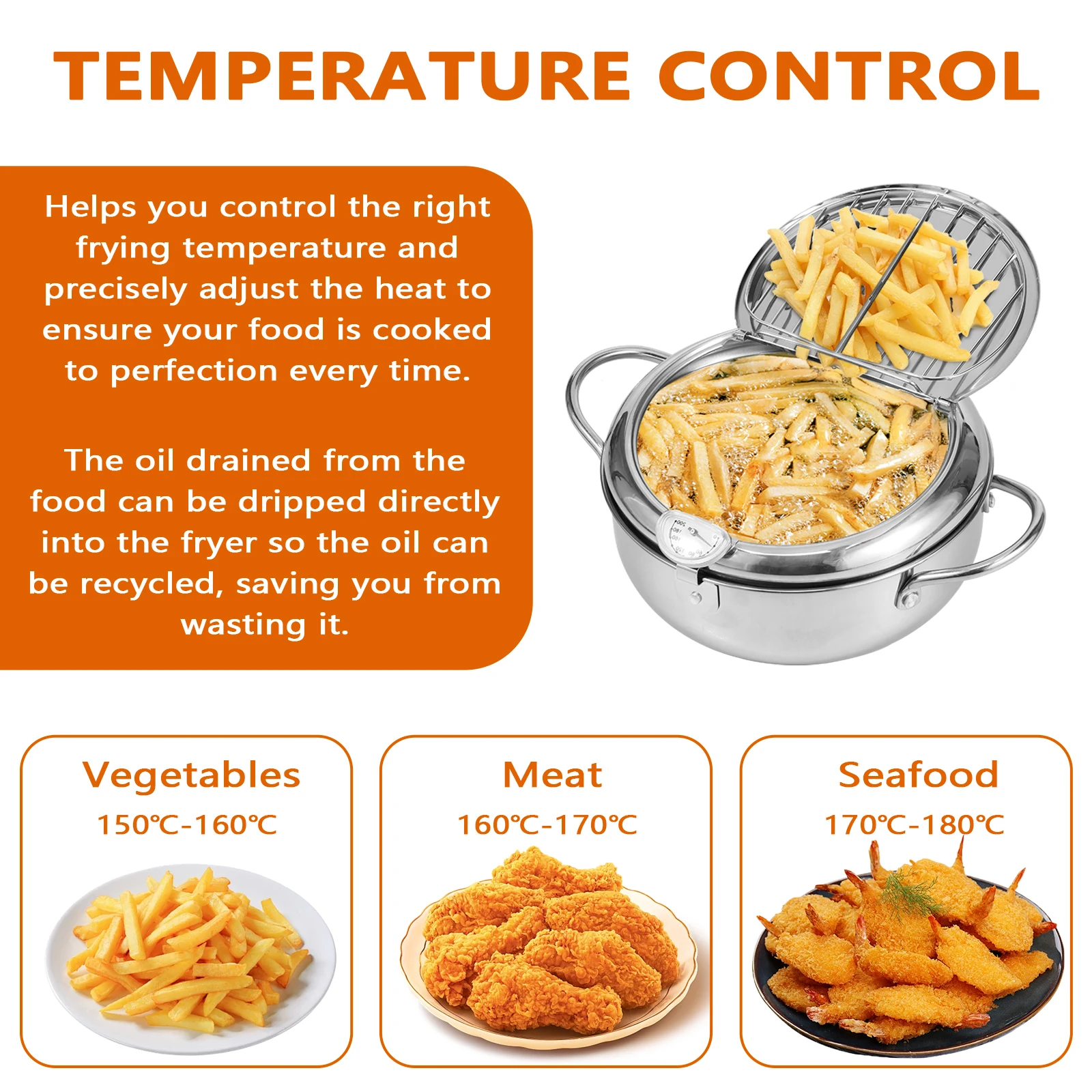 Deep Fryer Pot Strainer Basket Thermometer Stainless Steel Deep Frying Pot Handle 3 Sizes Oil Mini Fryer