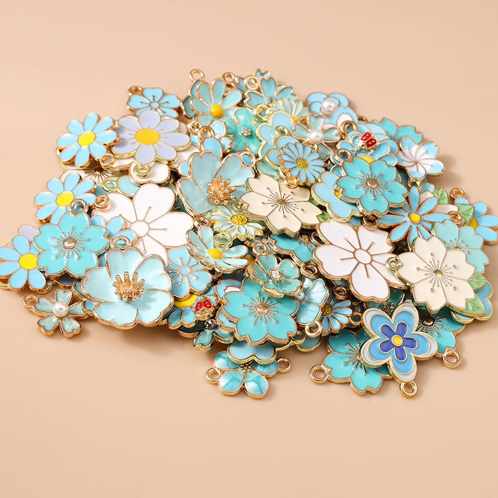 Leslie 20 Stück niedliche Emaille-Anhänger mit blauen Blumen für Halsketten, Armbänder, Ohrringe, Schmuckherstellung, Zubehör, DIY-Zubehör